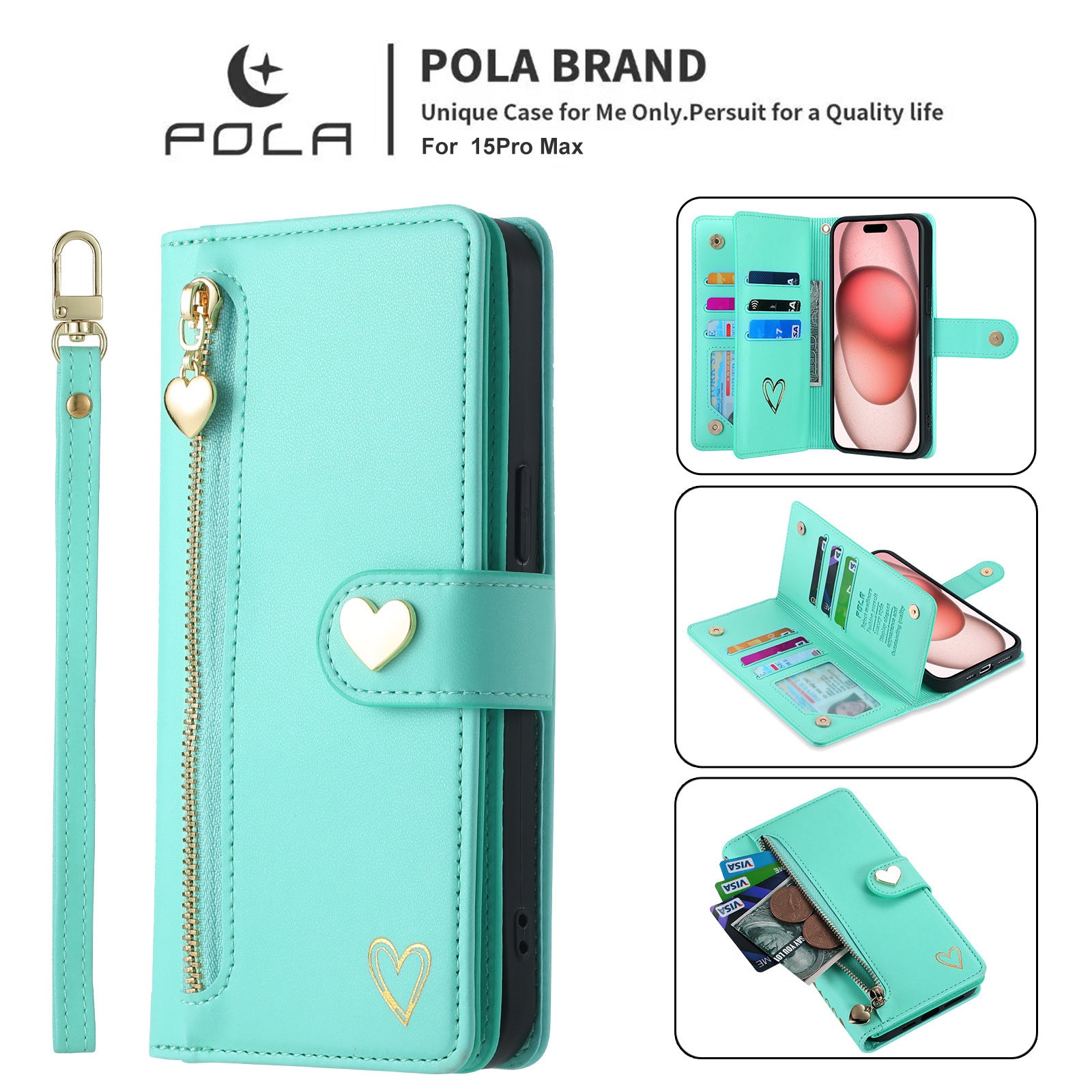 Women's Multi-card Gilding Heart Zipper Phone Case