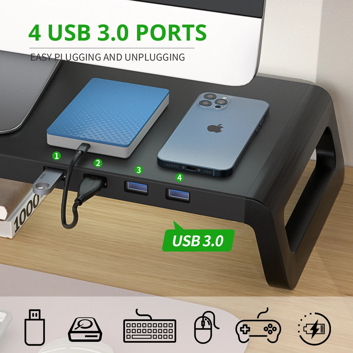 Aluminum Monitor Desk Stand with USB 3.0 Hub