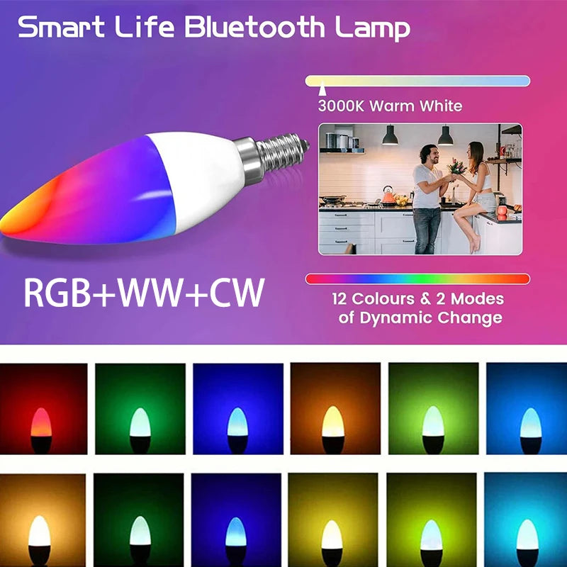 Bluetooth Dimmable RGB LED Candle Bulb - E14 Smart Lamp