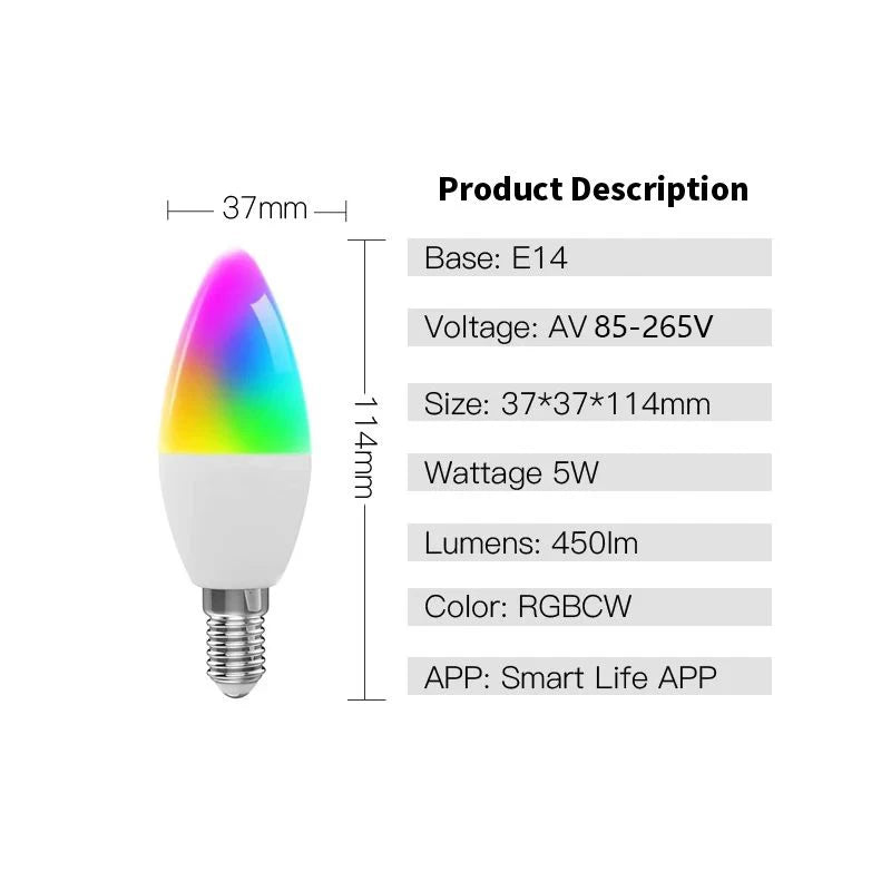 Bluetooth Dimmable RGB LED Candle Bulb - E14 Smart Lamp